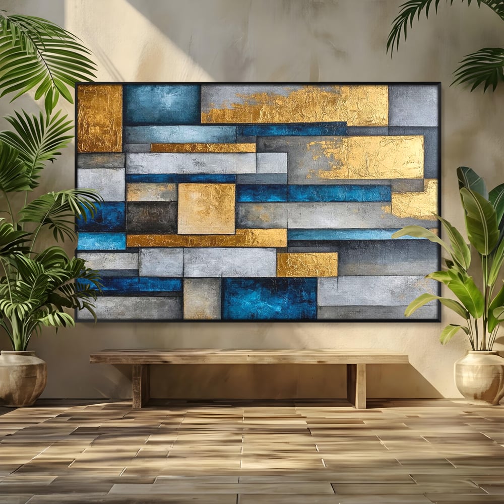 Tablou canvas cu pictura abstracta cu forme geometrice aurii, in rama de aluminiu negru